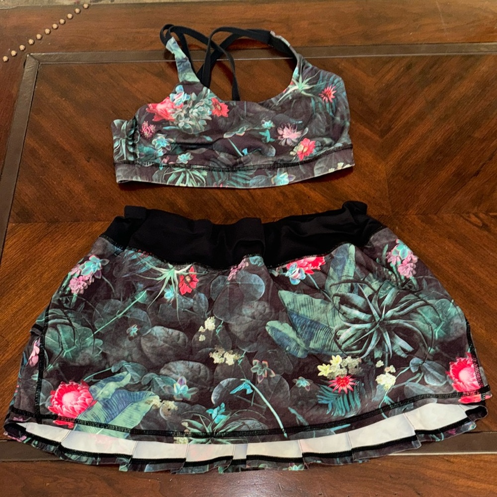 Rare find! Lululemon secret jungle pace setter skirt and energy bra, size 10